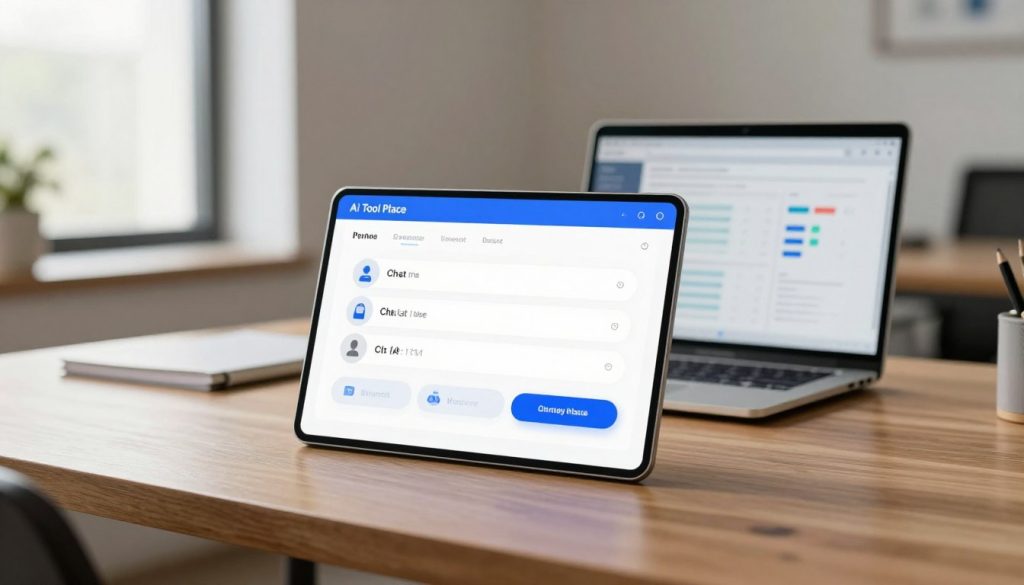 A sleek AI chat widget prominently displayed on a polished wooden desk in a modern office environment, symbolizing customer engagement. In the foreground, the chat widget is vibrant and visually appealing, featuring a clean interface with engaging icons and buttons, inviting users to interact. The middle ground showcases a laptop open with analytics displayed, highlighting its functionality for small businesses. In the background, soft-focus elements include a bright window allowing natural light to flood in, enhancing positivity and warmth to the scene. The atmosphere conveys professionalism and innovation, suggesting a dynamic workspace. Lighting is evenly distributed, evoking a crisp, inviting atmosphere. The brand name "Ai Tool Place" subtly integrated into the design of the chat widget, reflecting a modern tech aesthetic. A sleek AI chat widget prominently displayed on a polished wooden desk in a modern office environment, symbolizing customer engagement. In the foreground, the chat widget is vibrant and visually appealing, featuring a clean interface with engaging icons and buttons, inviting users to interact. The middle ground showcases a laptop open with analytics displayed, highlighting its functionality for small businesses. In the background, soft-focus elements include a bright window allowing natural light to flood in, enhancing positivity and warmth to the scene. The atmosphere conveys professionalism and innovation, suggesting a dynamic workspace. Lighting is evenly distributed, evoking a crisp, inviting atmosphere. The brand name "Ai Tool Place" subtly integrated into the design of the chat widget, reflecting a modern tech aesthetic.